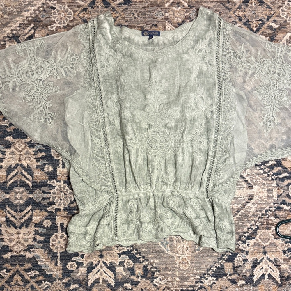 Democracy Sage Green Embroidered Peasant Blouse